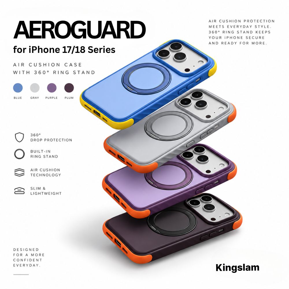 AEROGUARD™ Air Cushion Case with 360° Ring Stand – iPhone 17/18 Series